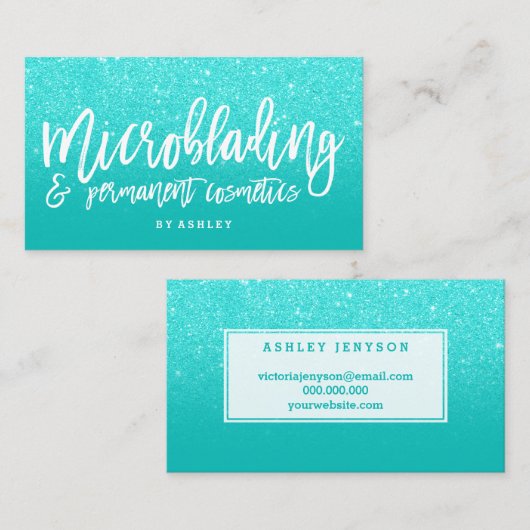 Microblading elegante typografie faux aqua glitter visitekaartje (Voorkant / Achterkant)