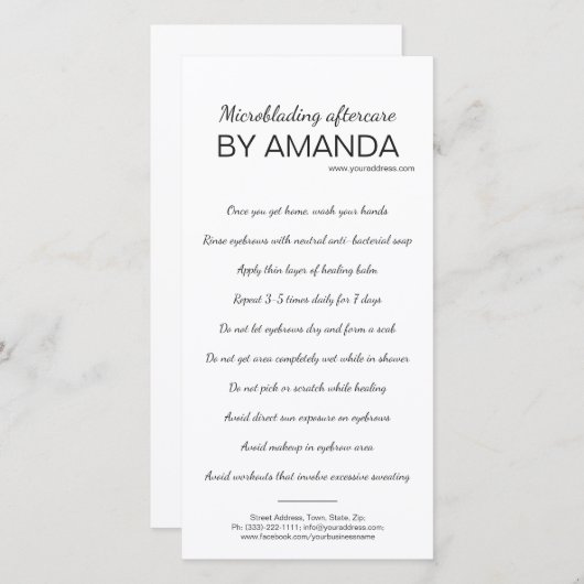 Microblading Nazorg Eenvoudige Witte Instructie Bedankkaart (Voorkant / Achterkant)