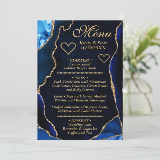 Mid Blue en Gold Glitter Agate Marble Wedding Menu (Staand voorkant)