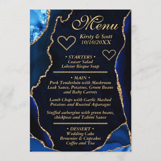 Mid Blue en Gold Glitter Agate Marble Wedding Menu (Voorkant)