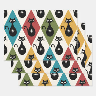 Mid Century Atomic cats on Harlequin diamonds Inpakpapier Vel