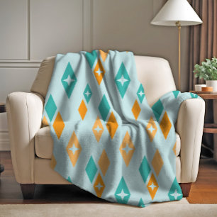 Mid Century Atomic Diamonds Aqua, Blauwgroen, Sina Fleece Deken