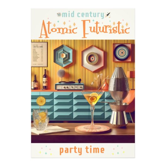 Mid Century Atomic Futuristic Party Room Foto Afdruk (Voorkant)
