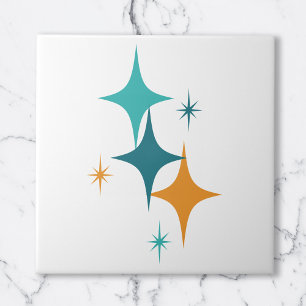 Mid Century Atomic Stars Wit Blauwgroen Aqua Sinaa Tegeltje