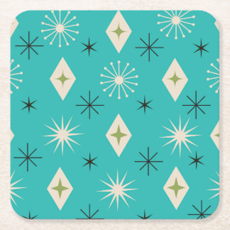 Mid Century Atomic Stars with diamonds on Teal  Vierkante Kartonnen Onderzetter
