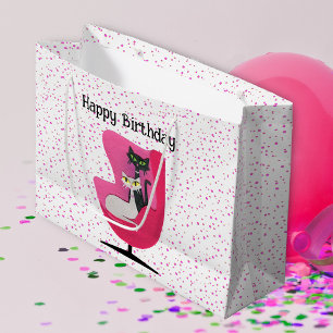 Mid Century Birthday Katten in Roze Stoel Polka Do Groot Cadeauzakje