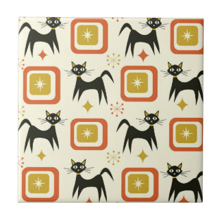 Mid Century Black Atomic Cats with Vintage squares Tegeltje