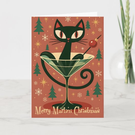 Mid Century Black Cat Merry Martini Christmas Kaart (Voorkant)