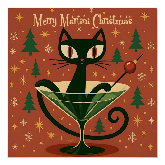 Mid Century Black Cat Merry Martini Christmas Perfect Poster (Voorkant)