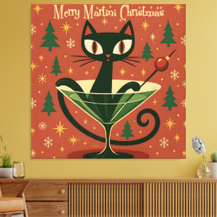 Mid Century Black Cat Merry Martini Kerstmis Canvas Afdruk