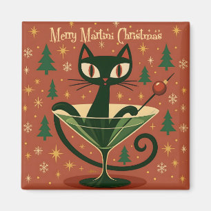 Mid Century Black Cat Merry Martini Kerstmis Magneet