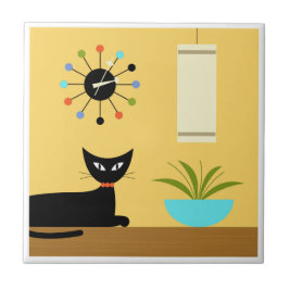 Mid Century Cat met Ballenklok op Geel Tegeltje