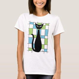 Mid Century Cat met blauwe en groene rechthoeken T-shirt