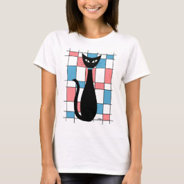 Mid Century Cat met blauwe en roze rechthoeken T-shirt