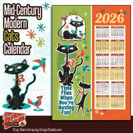 Mid-Century Cats Calendar Kitchen Towel Green/Rust Theedoek