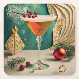 Mid Century Christmas Cocktail Party Happy Hour Vierkante Kartonnen Onderzetter