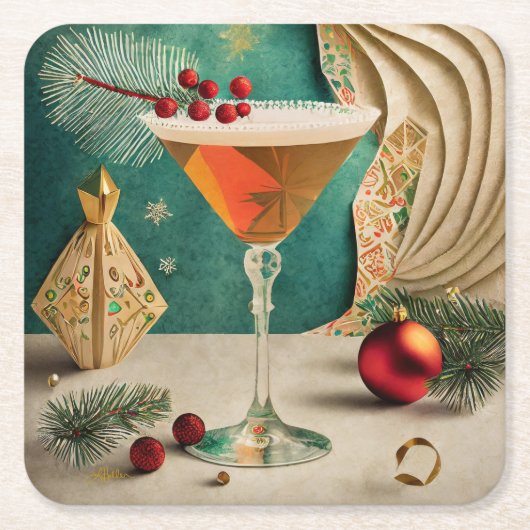 Mid Century Christmas Cocktail Party Happy Hour Vierkante Kartonnen Onderzetter (Voorkant)