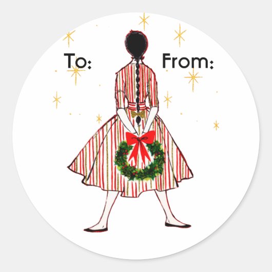 Mid Century Christmas Girl Gift Label Sticker (Voorkant)