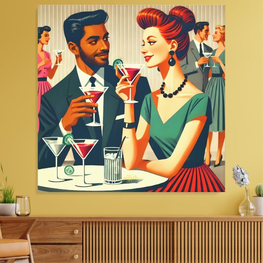 Mid Century Cocktail Party Couples - First Date Canvas Afdruk (Insitu (Woonkamer))