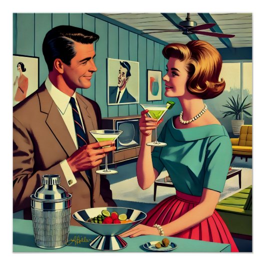 Mid Century Cocktail Party Couples - House Warming Perfect Poster (Voorkant)