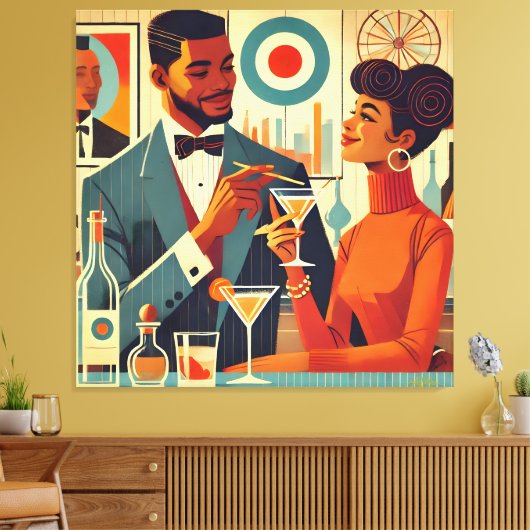 Mid Century Cocktail Party Couples - Soirée Hosts Canvas Afdruk (Insitu (Woonkamer))