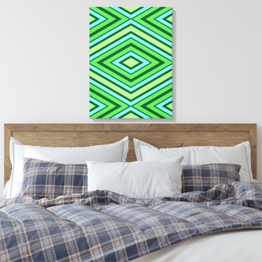 Mid Century Diamond Pattern Jade Green en Aqua Canvas Afdruk (Insitu (Slaapkamer))
