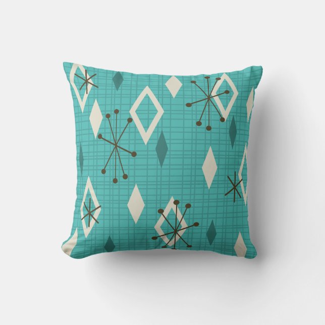 Mid Century Diamonds Starbursts Turquoise Kussen (Voorkant)