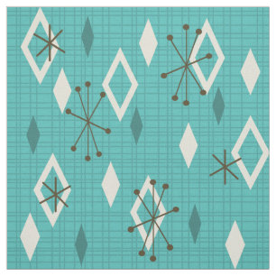 Mid Century Diamonds Starbursts Turquoise Stof