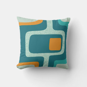 Mid Century Funky Abstract Aqua, Sinaasappel, Blau Kussen