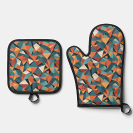 Mid-Century Geometric Teal & Orange Pattern Ovenwant & Pannenlap Set