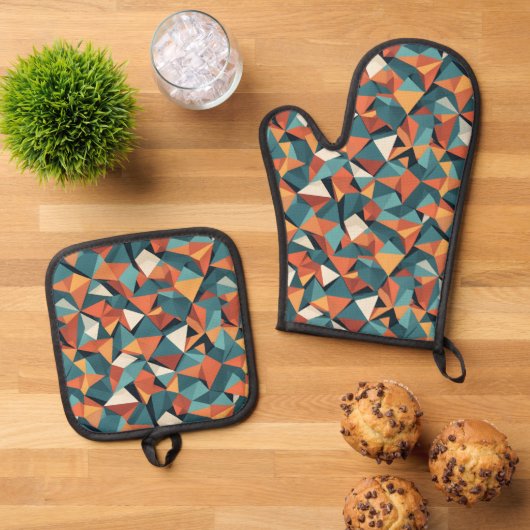 Mid-Century Geometric Teal & Orange Pattern Ovenwant & Pannenlap Set (Top down)