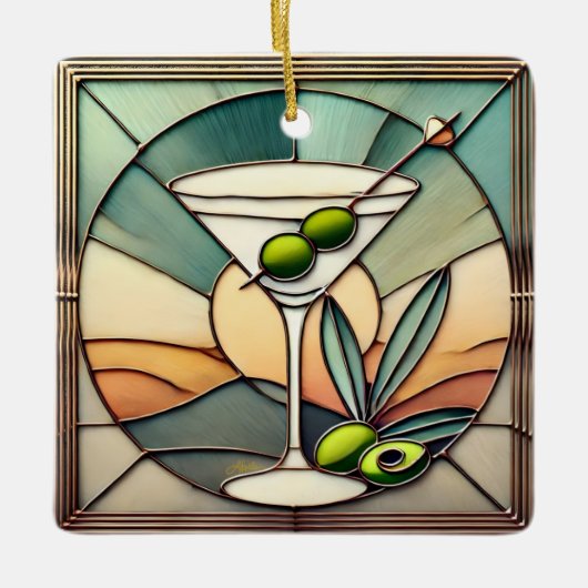 Mid Century Glas in lood 2 Olive Martini Keramisch Ornament (Voorkant)