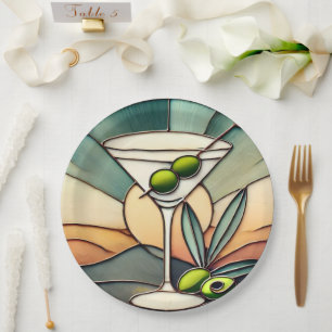 Mid Century Glas in lood 2 Olive Martini Papieren Bordje