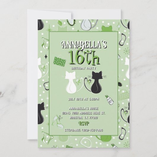 Mid Century Green Heart Cats Invitation Anniversai (Devant)