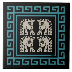 Mid Century Griekse sleutel met paarden ontwerp Tegeltje