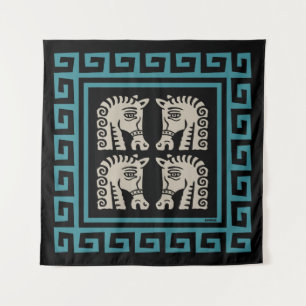 Mid Century Griekse sleutel met paarden Wandkleed