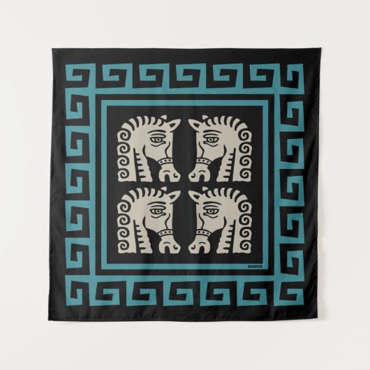 Mid Century Griekse sleutel met paarden Wandkleed (Voorkant)