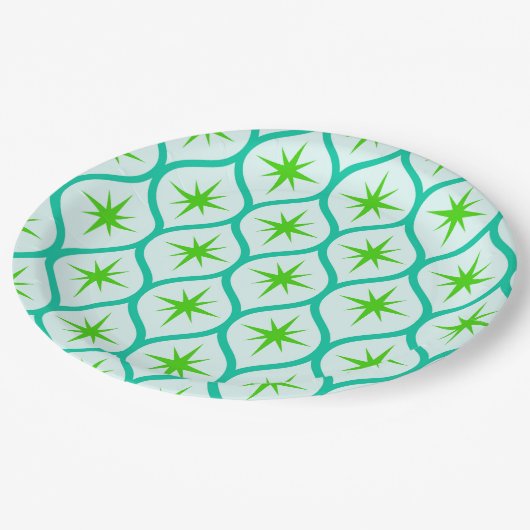 Mid Century Groene Starbursts op Ogee Pattern Papieren Bordje (Gekanteld)