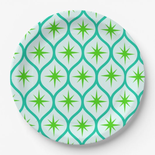 Mid Century Groene Starbursts op Ogee Pattern Papieren Bordje (Voorkant)