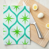 Mid Century Groene Starbursts op Ogee Pattern Theedoek (Quarter Fold)