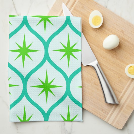 Mid Century Groene Starbursts op Ogee Pattern Theedoek (Quarter Fold)