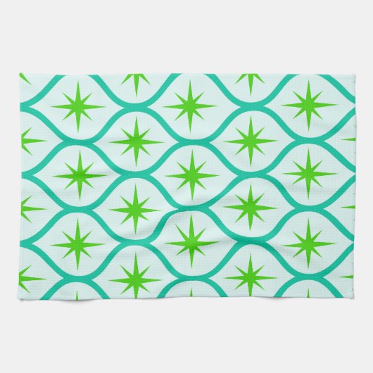 Mid Century Groene Starbursts op Ogee Pattern Theedoek (Horizontaal)