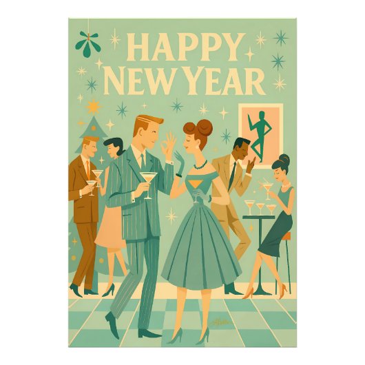 Mid Century Happy New Year The Martini Dance Foto Afdruk (Voorkant)