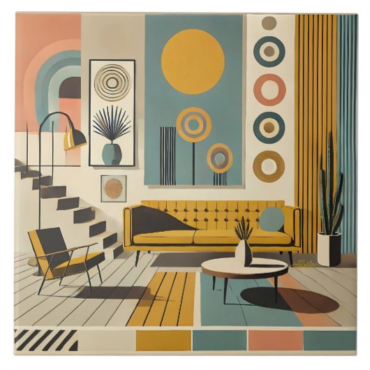 Mid Century Interior Design Dessert Livingroom Tegeltje (Voorkant)