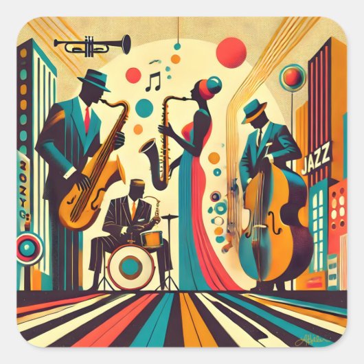 Mid Century Jazz Age Quartet Vierkante Sticker (Voorkant)