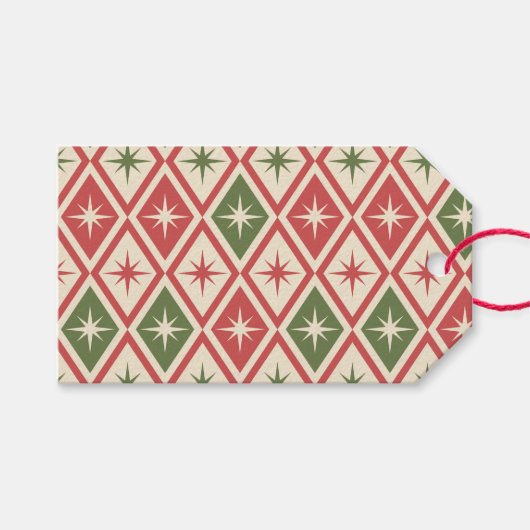 Mid Century Kerstmis Atoomsterren op ruiten Cadeaulabel (Voorkant (Horizontaal))