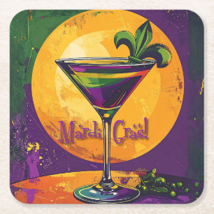 Mid Century Mardi Gras Zonsondergang Fleur De Lis Vierkante Kartonnen Onderzetter