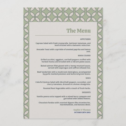 Mid Century Mod Retro Mariage Olive Green Menu (Devant)