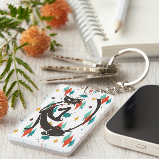 Mid Century Modern 50s Black Cool Cat Sleutelhanger (Voorkant Rechts)