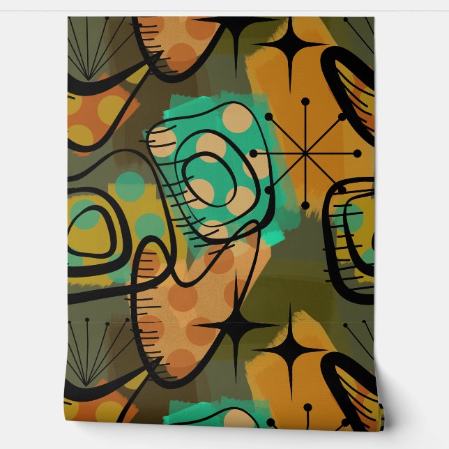 Mid Century Modern Aqua and Gold Vibes  Behang (Afrollen)